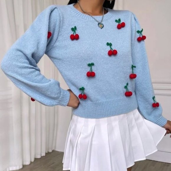 . Sweaters - Lantern Sleeve Cherry detailed Knit Sweater Top